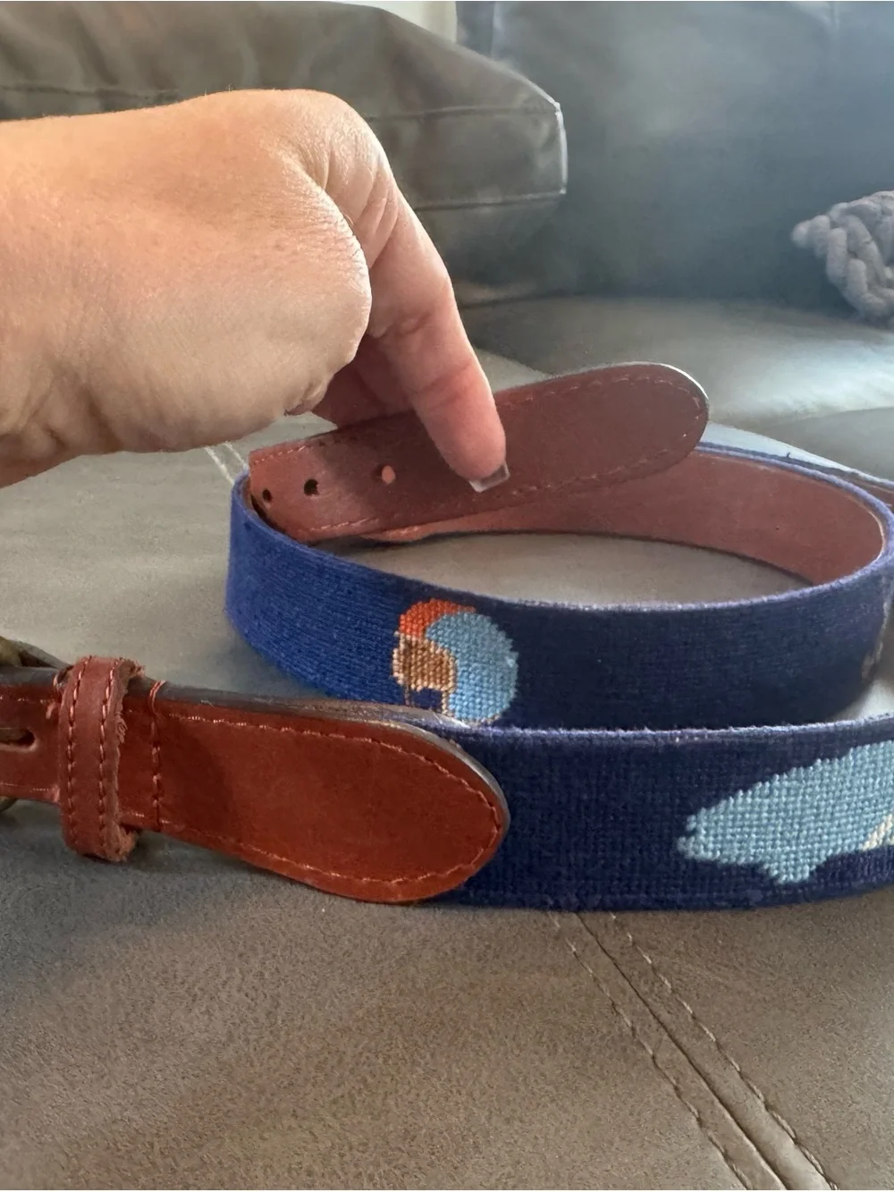 Men’s 44 belt stitched stitchNavy Embroidered Men’s Belt with Brown Leather Trim